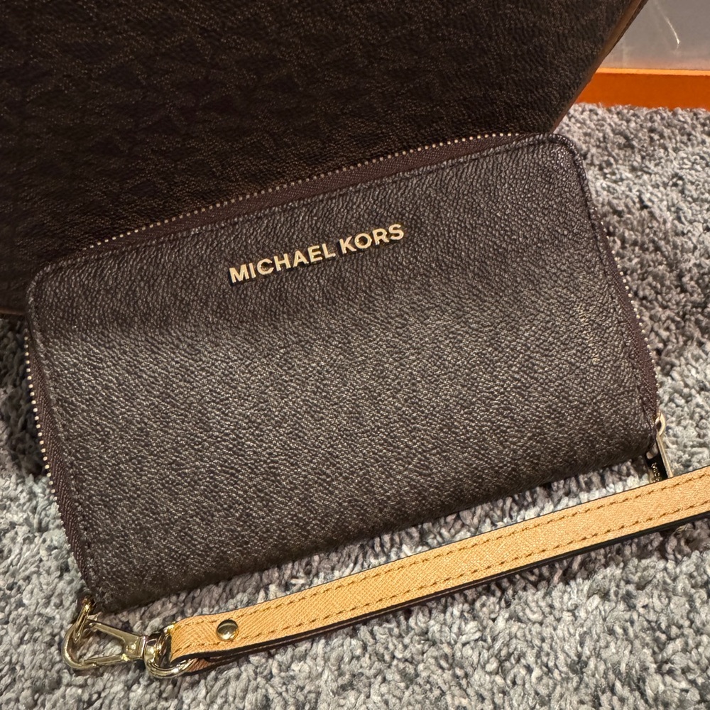 Michael Kors Dark Brown Wristlet with Gold Accents